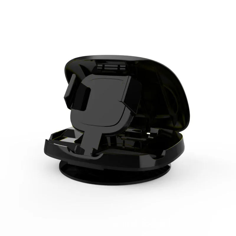 Black rotating suction cup car navigator bracket holding a smartphone on a car windscreen.