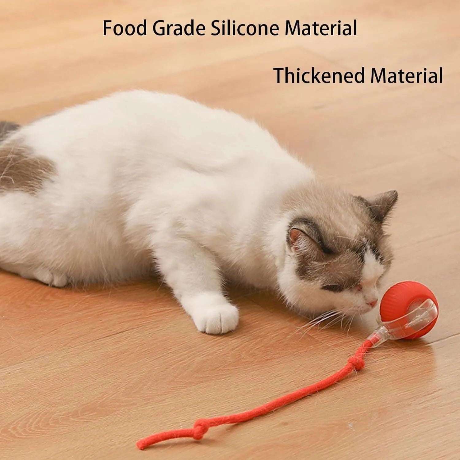 Grey automatic rolling pet ball toy with rope tail, 6.5cm diameter