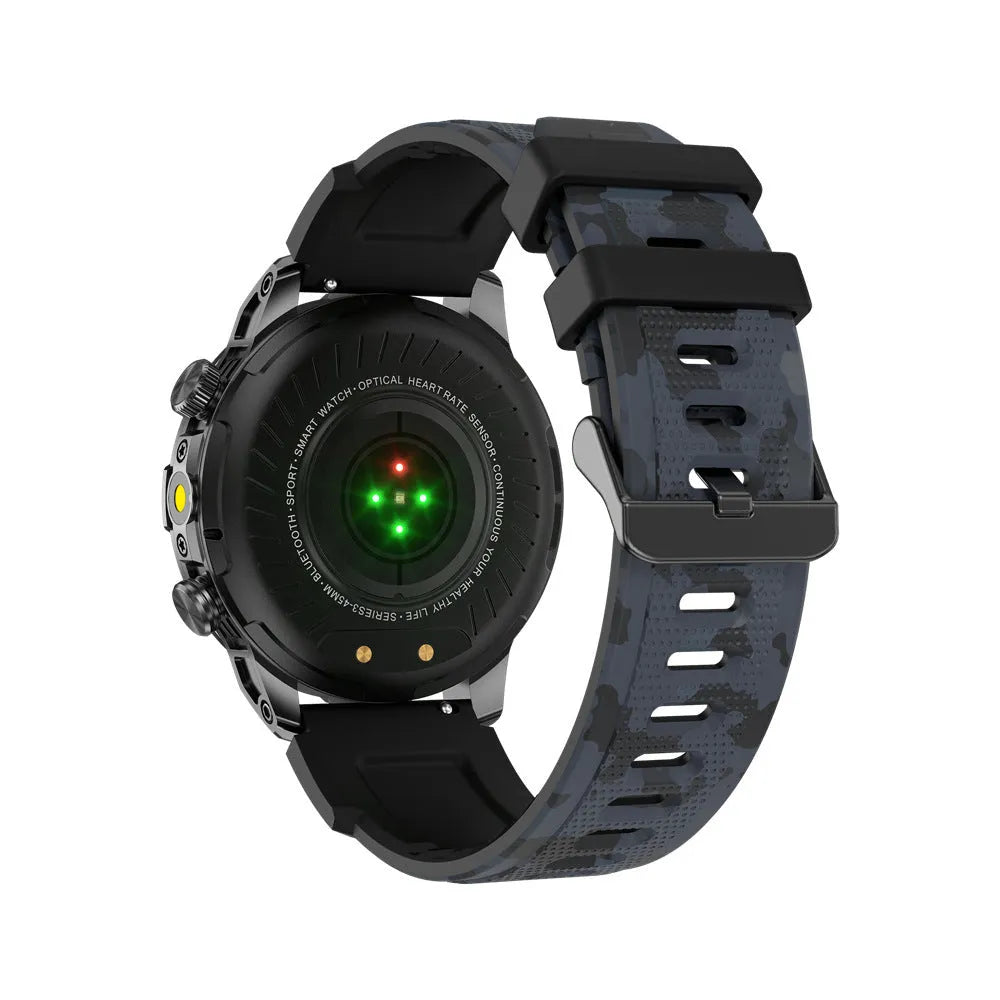 Sports smartwatch with AMOLED screen on wrist showing fitness metrics, zinc alloy case with silicone strap