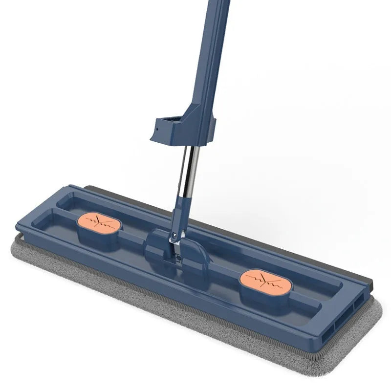 Large flat mop with extended stainless steel handle and rotating head for floor cleaning