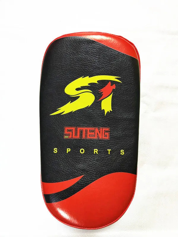Black and red hand-held martial arts target pad showing double buckle strap on back