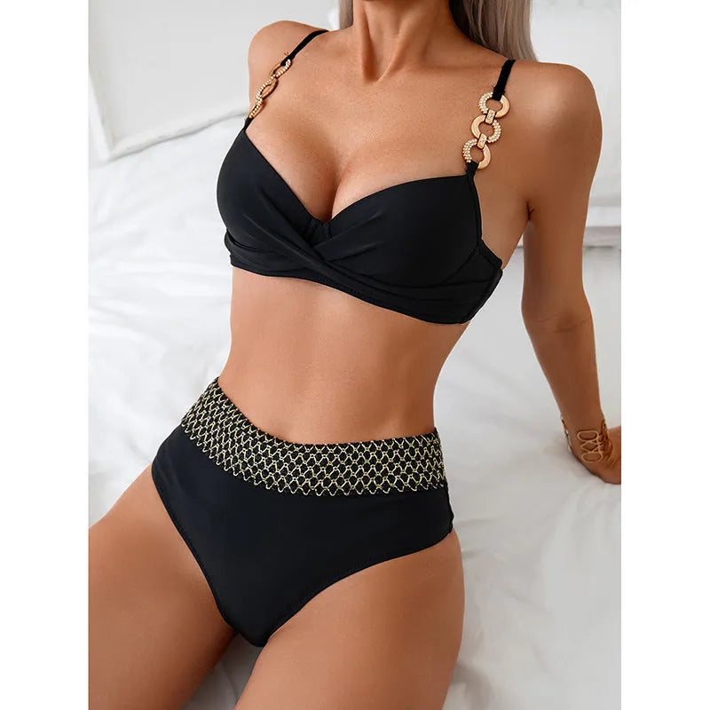 Black women's bikini swimsuit set with sleeveless top and briefs on a neutral background.