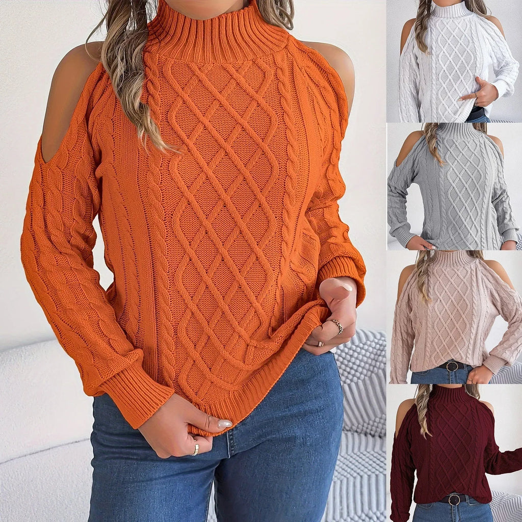 Women's strapless grey sweater with twisted pattern and lantern sleeves, half-high collar design