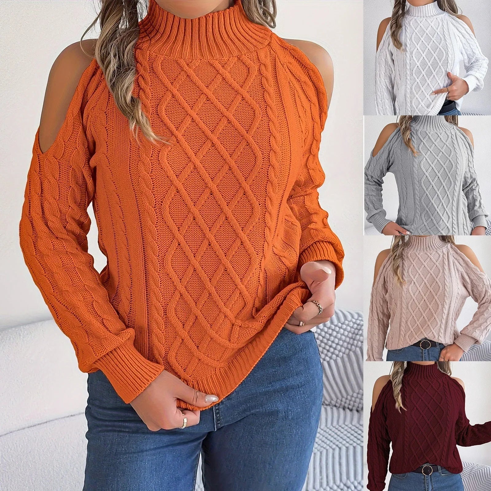 Women's strapless grey sweater with twisted pattern and lantern sleeves, half-high collar design