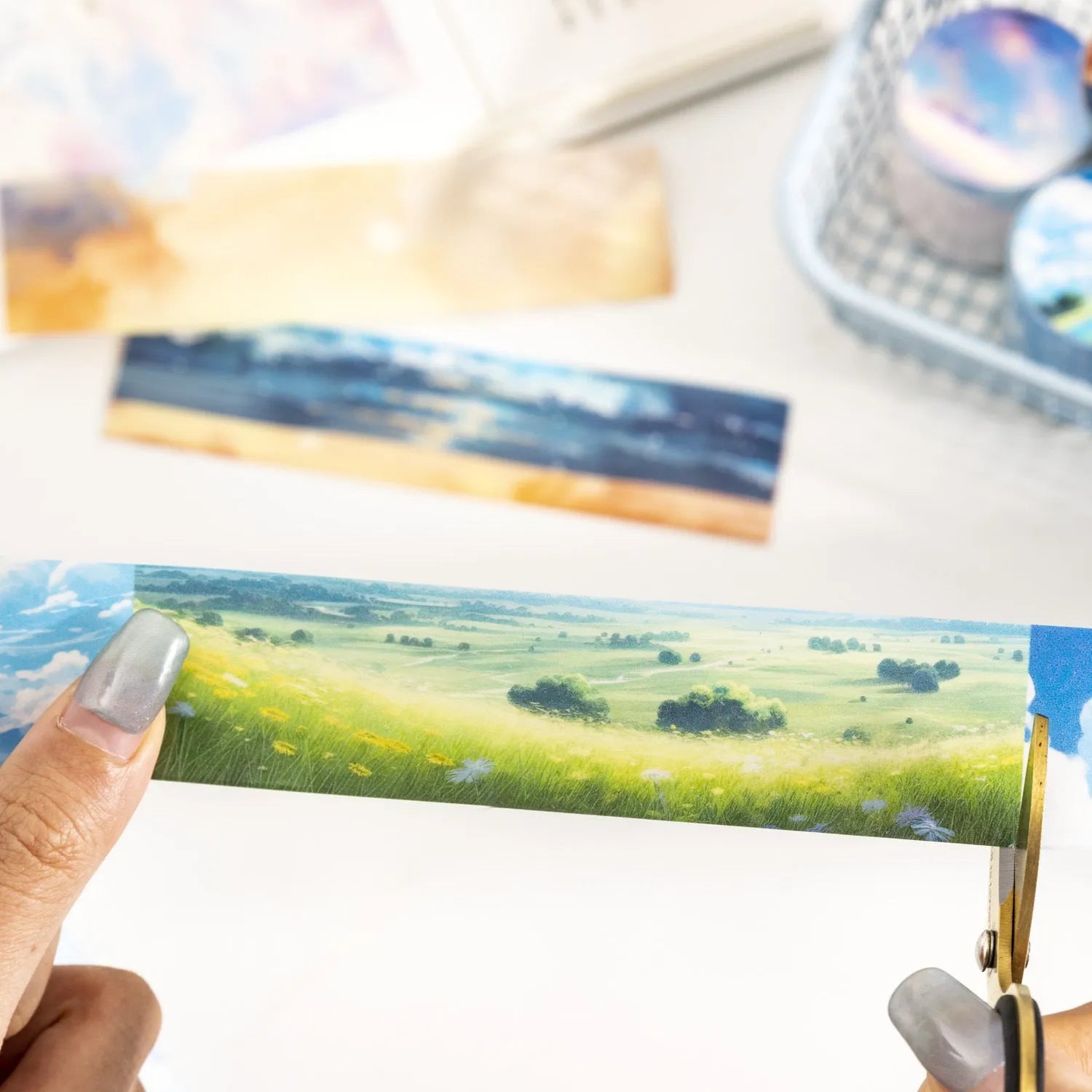 Japanese paper decorative tape roll with sky theme designs showing colourful clouds, twilight, and moonlight sky colour variations