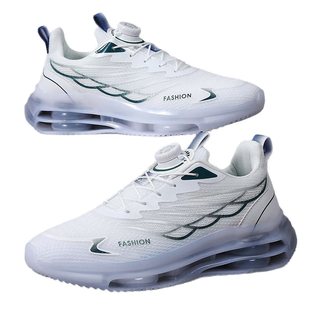 White low-top mesh trainers with rotating button lace-up and rubber soles for sports and casual use