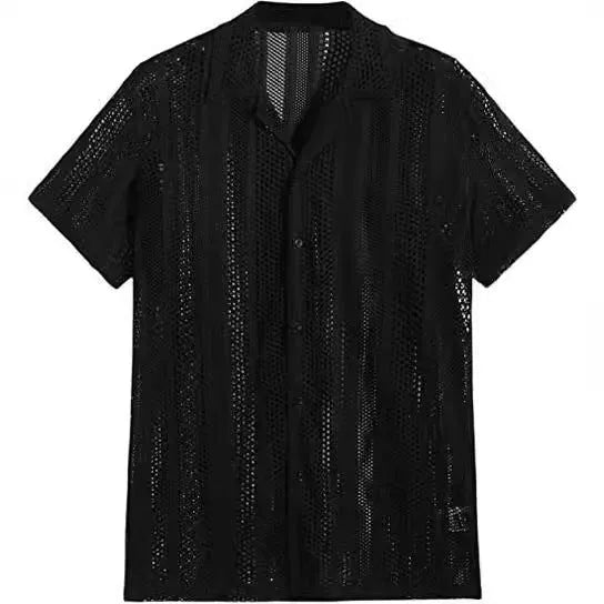 Men's black knitted short-sleeved shirt with button front and jacquard texture