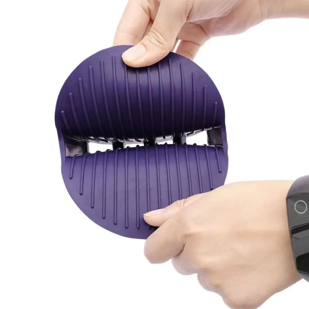 Purple pet shampoo massage brush with soft TPR bristles and ergonomic handle for dog and cat grooming