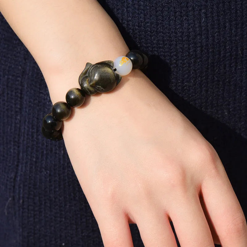 Natural obsidian zodiac bracelet with 10mm beads in gold, silver, or pure stone styles