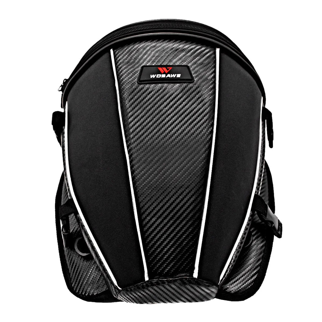 Black waterproof motorcycle tail seat bag with reflective strip and shoulder strap