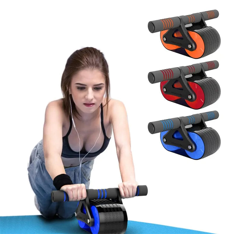 Double wheel abdominal exerciser with automatic rebound, blue orange red ABS ab roller with kneeling pad