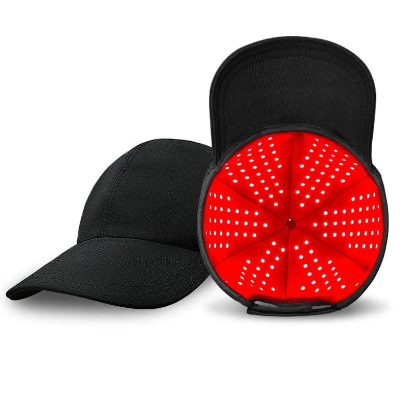 Black infrared peaked cap with 180 LED red lights for hair growth therapy, includes controller