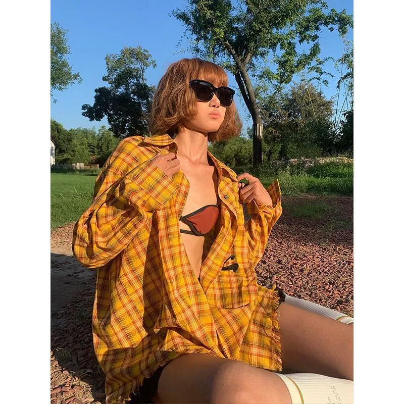 Dopamine yellow plaid shirt with loose cardigan style, sizes M to 2XL, 80-thread count chemical fibre blend
