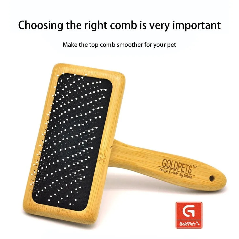 Goldpets bamboo wood pet slicker brush with stainless steel pins on a wooden table