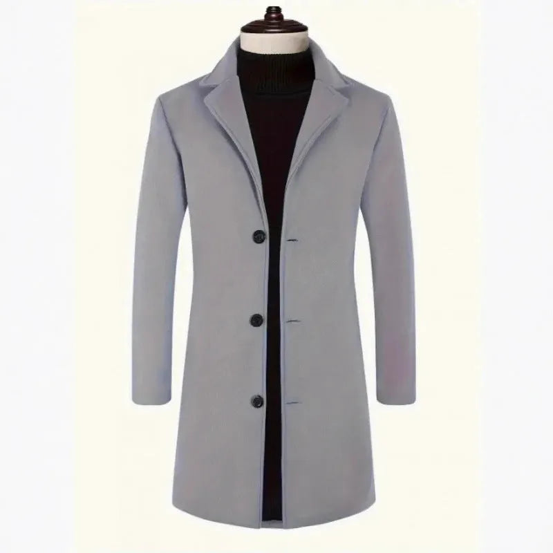 Men's mid-length polyester trench coat, slim fit, no belt, side seam pockets, solid colour, sizes XS-XXXL
