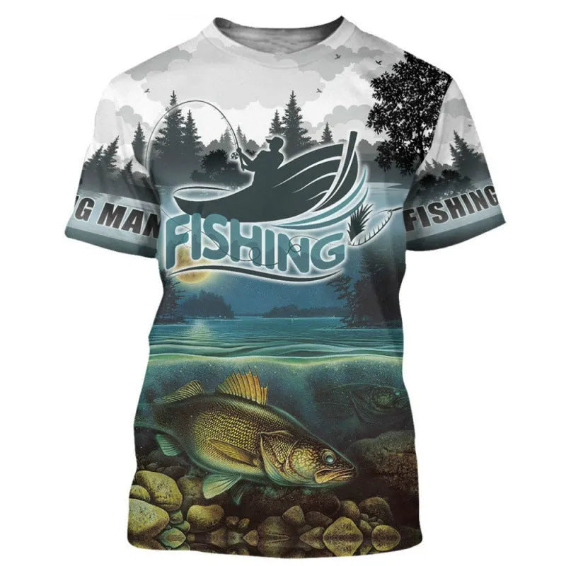 Men's loose fit grey t-shirt with a detailed digital print fishing scene design on the front.