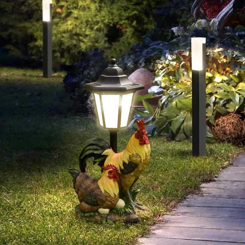 Hexagonal solar garden lamp with resin animal figure, 30cm tall with 24 LED lights for outdoor illumination