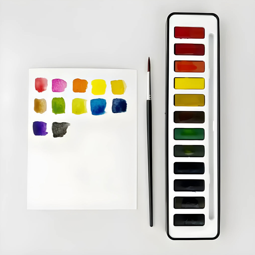 Portable household paint box with twelve natural pigment colours in a fashionable compact palette set for artists and students