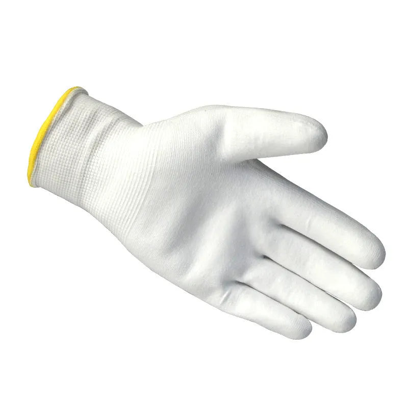 White PU coated labour gloves showing 24cm length and flexible design