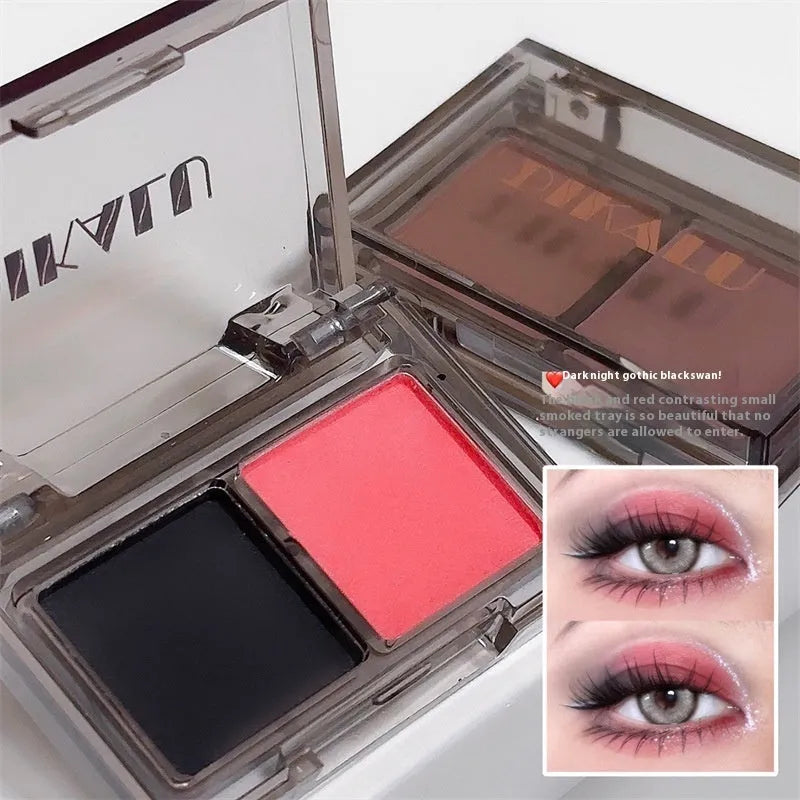 DIKALU two-tone eye shadow plate showing pink and black matte shimmer shades with five colour classification options