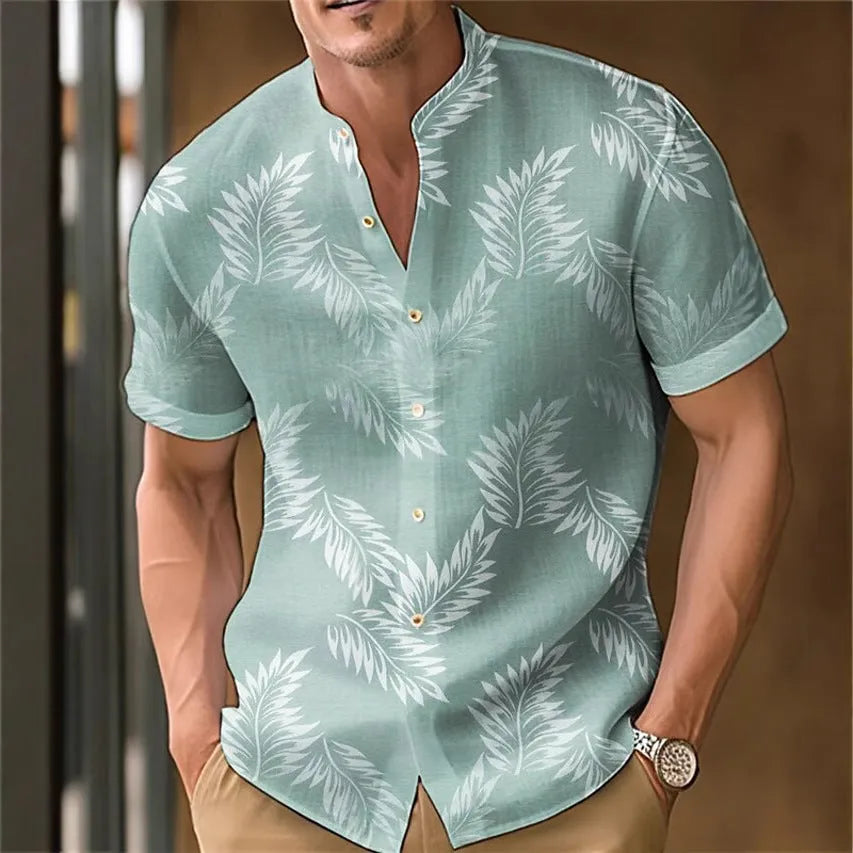 Men's printed casual shirt in polyester fabric showing colour options and relaxed fit