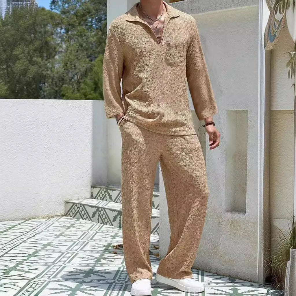 Men's casual shirt trousers commuter suit in lake blue, khaki, black, or caramel colours, sizes M to 3XL, for autumn leisure wear