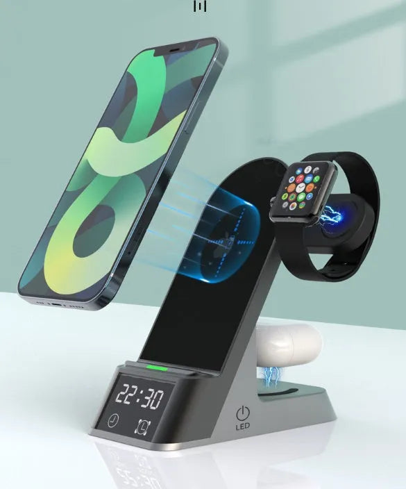 Black alarm clock wireless charger with six charging functions, dimensions 125mm by 65mm by 298mm