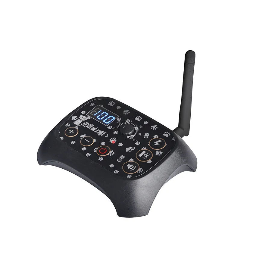Automatic remote dog trainer and wireless fence with transmitter, digital display, and adjustable static shock controls