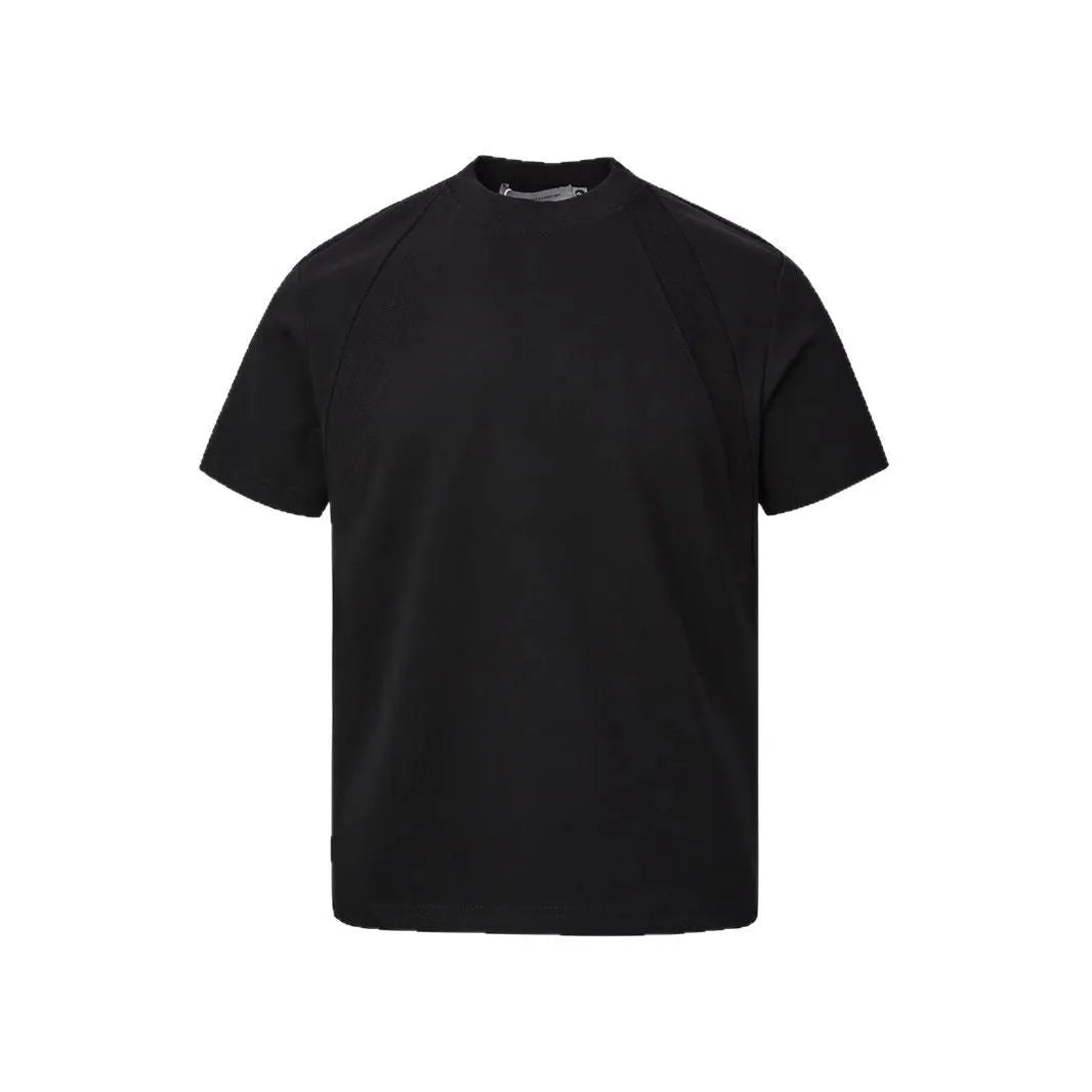 Air layer stitching short sleeve top in black, loose fit, polyester fabric, Asian sizing