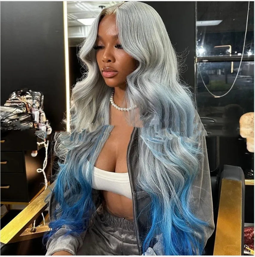 Grey-blue gradient human hair wig with 4x4 lace front showing natural hairline and length options
