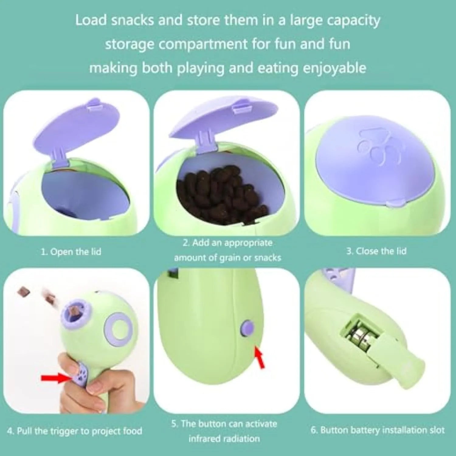 Green treat launchers toy for dogs with remote feeding function, measuring 15.5cm long