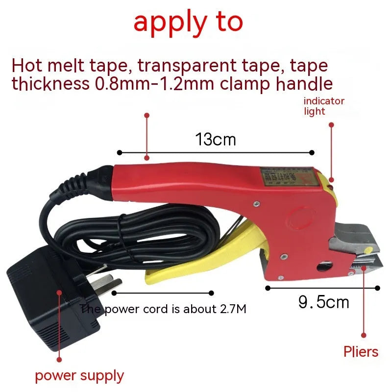 Electric hot melt packing machine with plastic steel tensioner and roll of yellow packaging tape on a work surface.