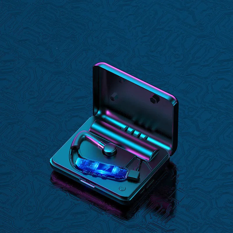 Black Bluetooth earphones with hanging ear design showing silicone ear caps and charging port