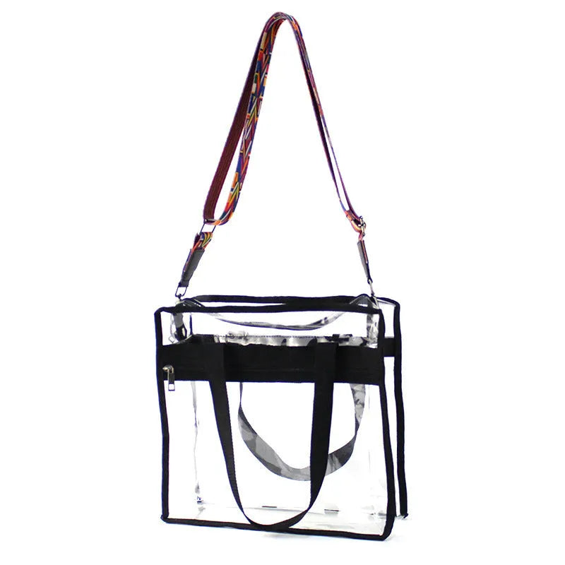 Women's transparent front PVC shoulder messenger bag in navy blue with adjustable straps