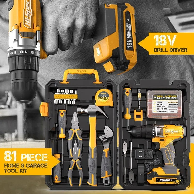 82-piece chrome-vanadium steel tool combo set in grey-yellow, 39.5cm case for furniture installation