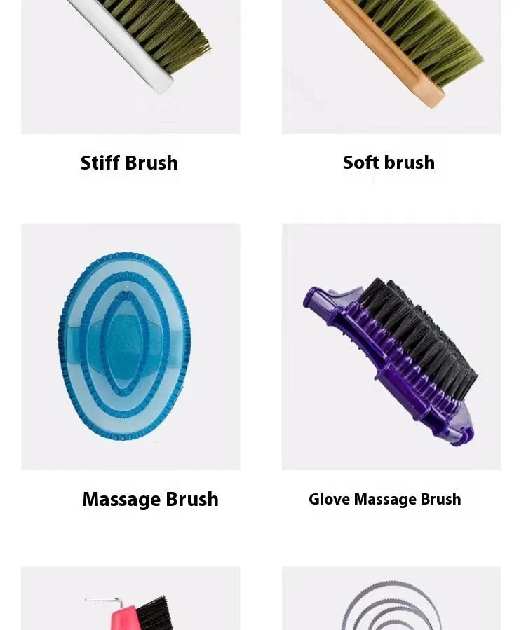 10-piece horse grooming brush set with storage bag including brushes, combs, and hoof tool
