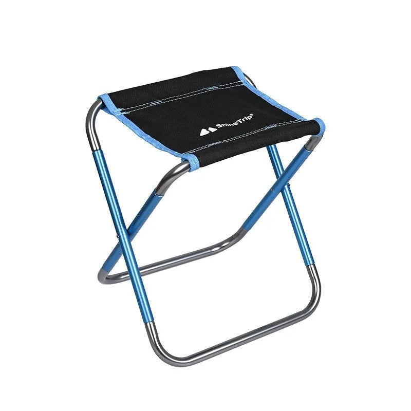 Black aluminium alloy folding stool with ethnic pattern, folded for compact storage