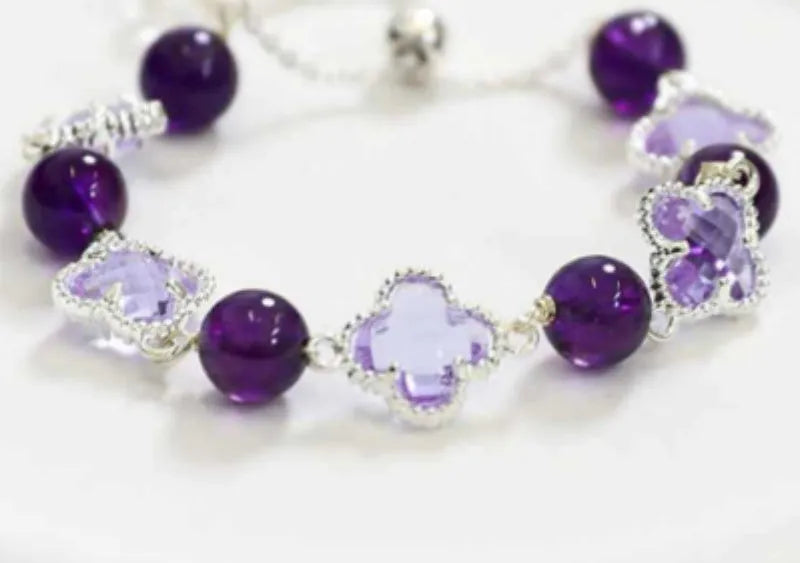 Women's artificial amethyst bracelet with pearl and four-leaf clover charm on U-shaped crystal bangle