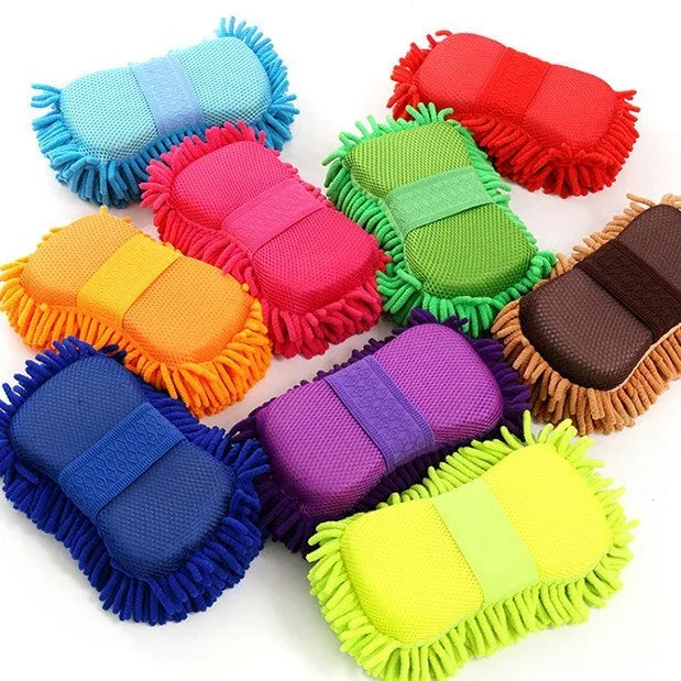 Silver green car wash sponge measuring 14x25cm with microfiber chenille texture for vehicle cleaning