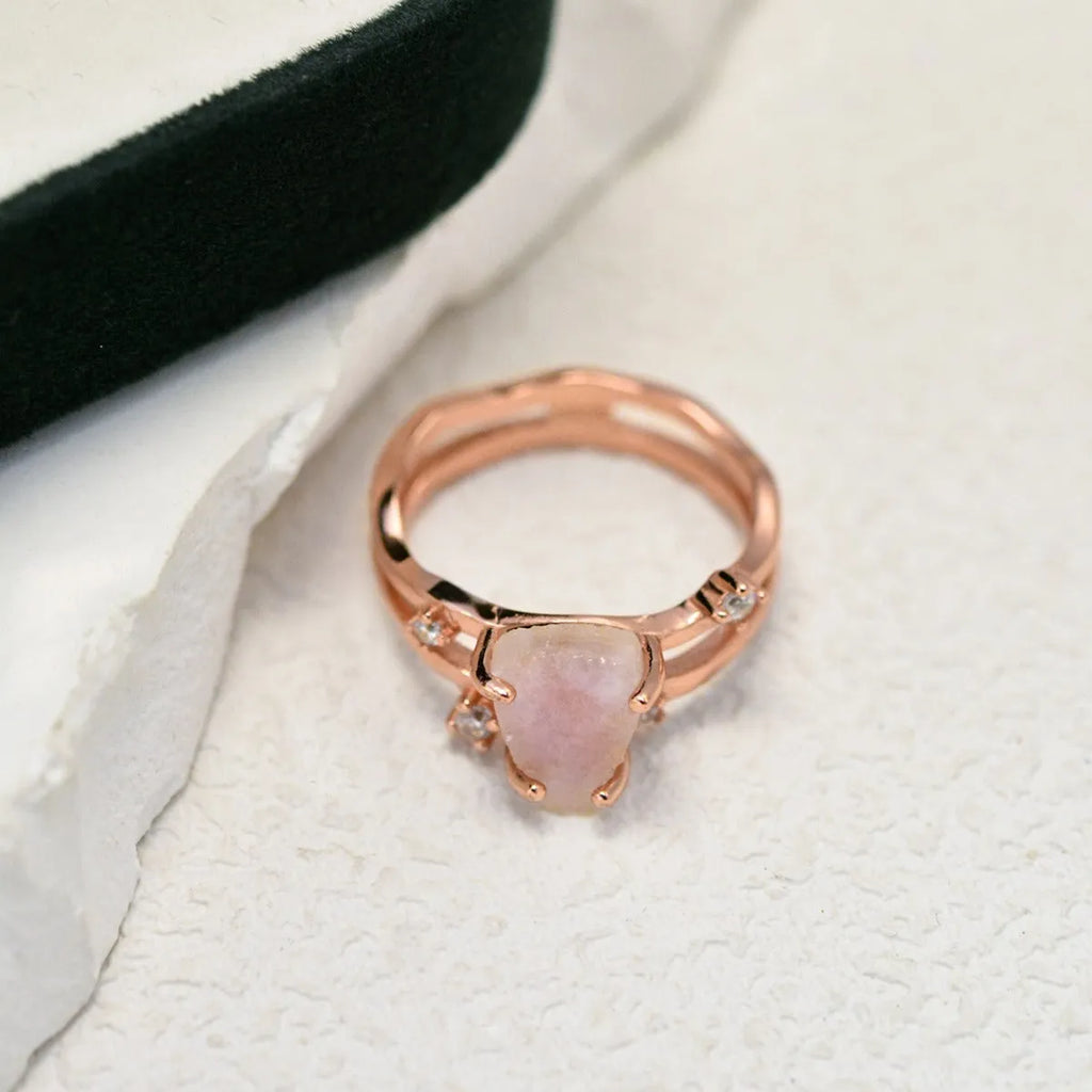 S925 sterling silver irregular triangle moonstone ring in rose gold finish on a hand