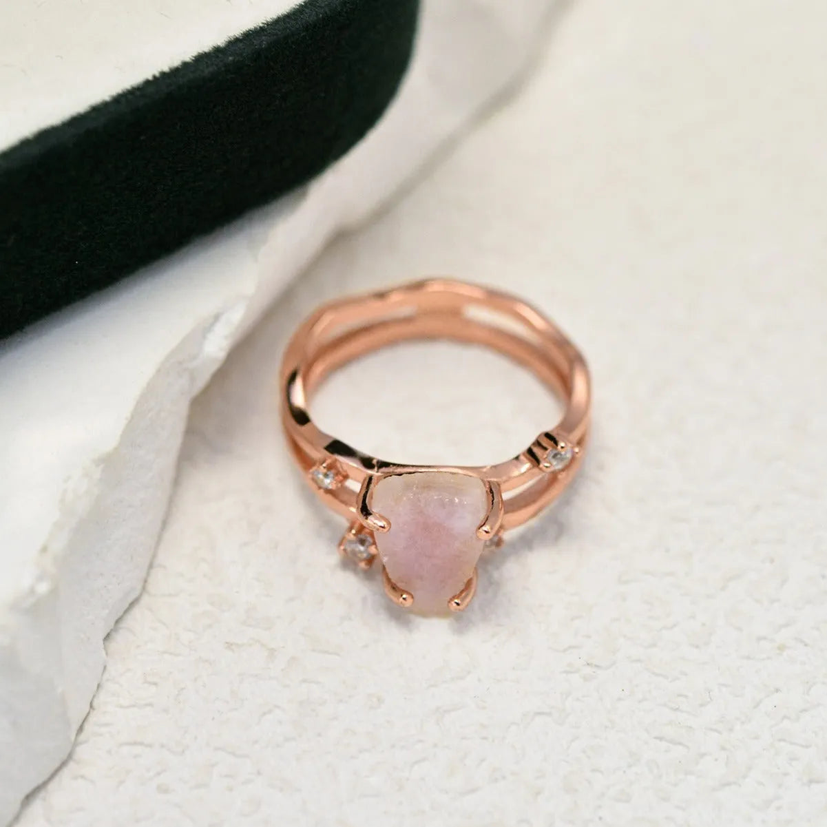 S925 sterling silver irregular triangle moonstone ring in rose gold finish on a hand