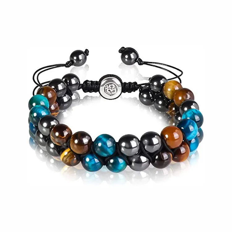 Men's handcrafted Tiger Eye double-row woven bracelet with geometric beads and magnetic closure