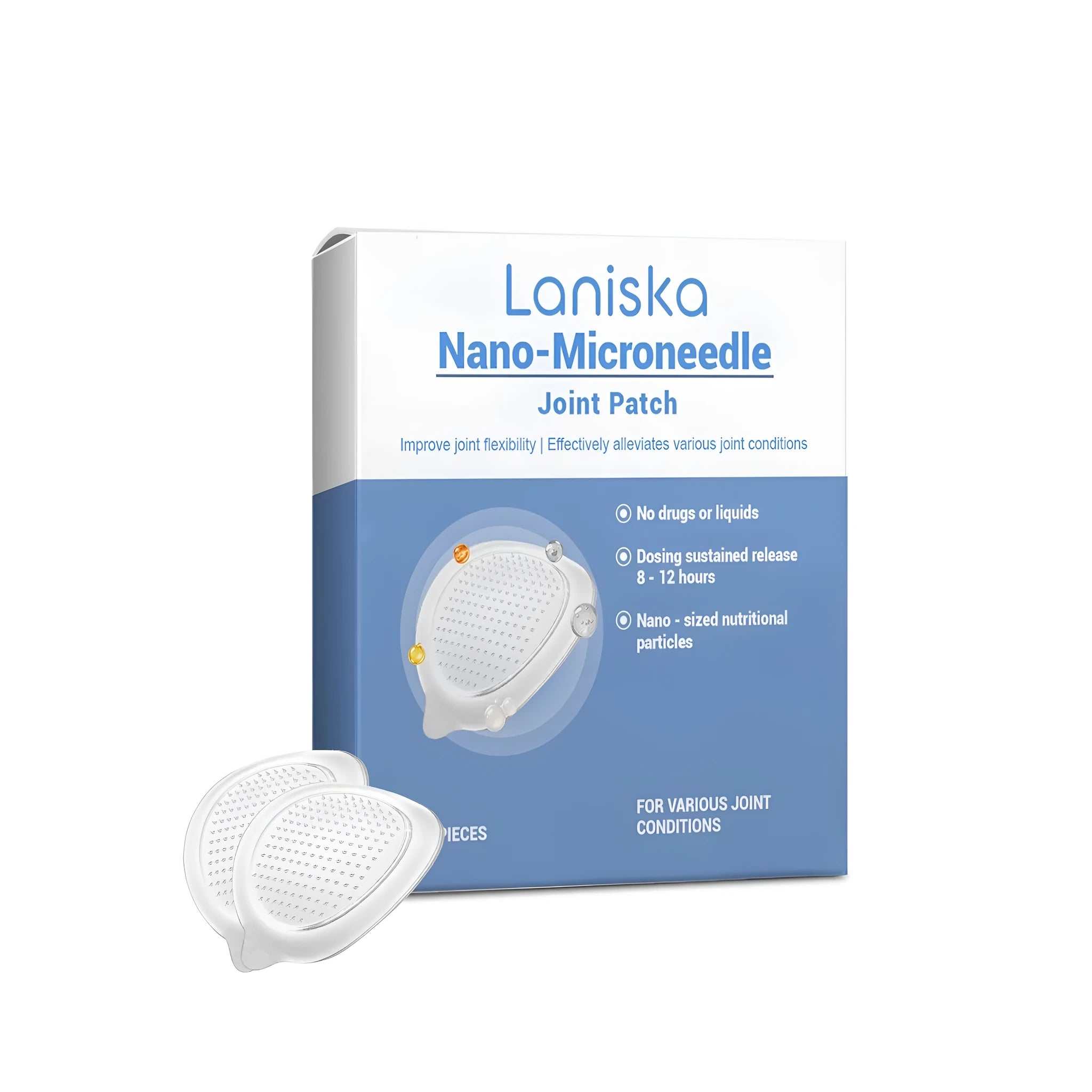 Box of four nano-microneedle joint patches for pain relief with natural ingredients.