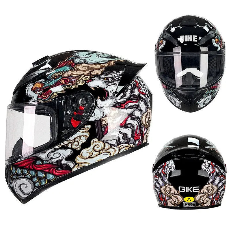 Motorcycle helmet in Dragon colour on a stand, showing its ABS shell and size tag indicating 2XL/3XL availability.