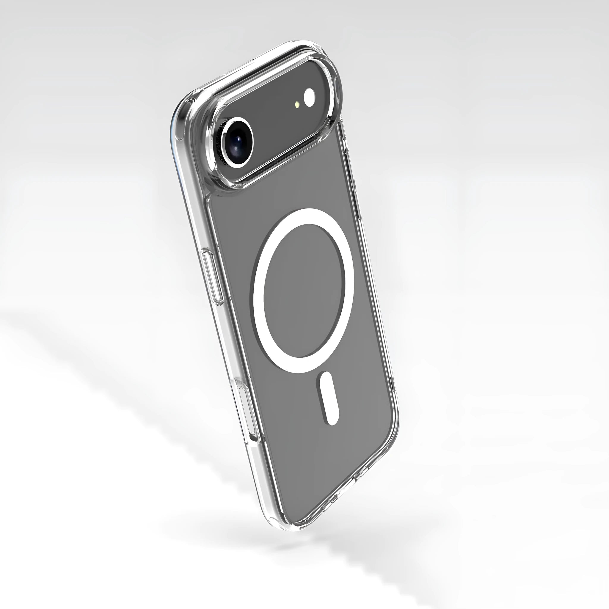 Transparent magnetic phone case for iPhone 17 showing clear design with magnetic ring and precise port cutouts