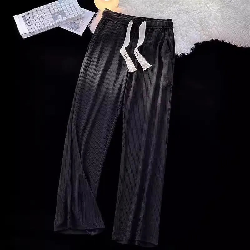 Men's loose straight-leg casual trousers in black cotton fabric