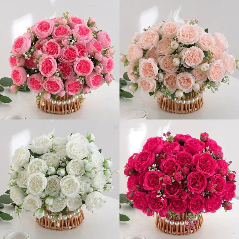 Single stem silk peony rose artificial flower hand-held bouquet in blue, showing 30cm height