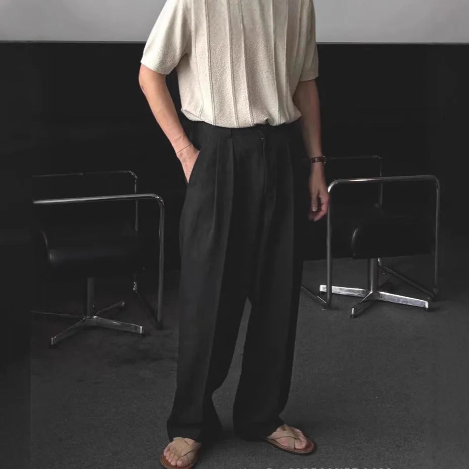 Men's lightweight fibre texture cotton and linen suit trousers in apricot, non-ironing, micro-elastic waistband