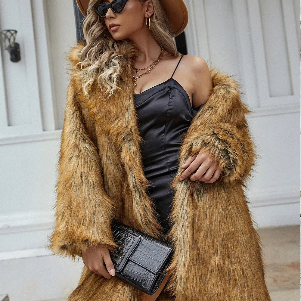 Women's yellow artificial fur coat with loose fit and 80cm length, showing regular sleeves and faux fur texture