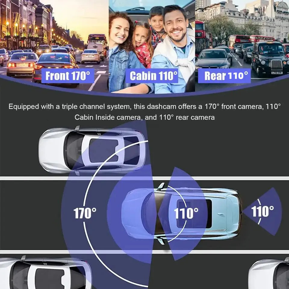 Black three-lens car dashboard camera with 3 inch screen mounted on front windshield